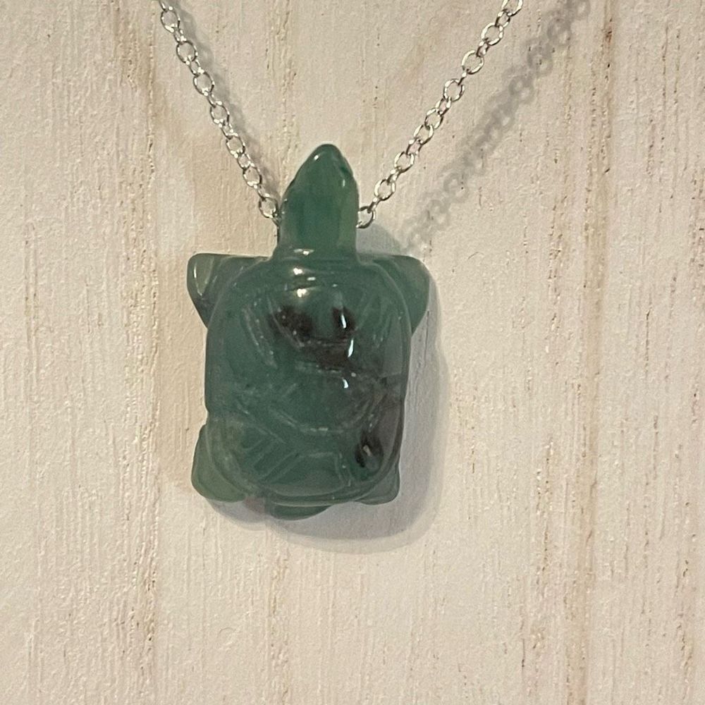 Turtle necklace green aventurine tortoise silver plated 18” NEW handmade